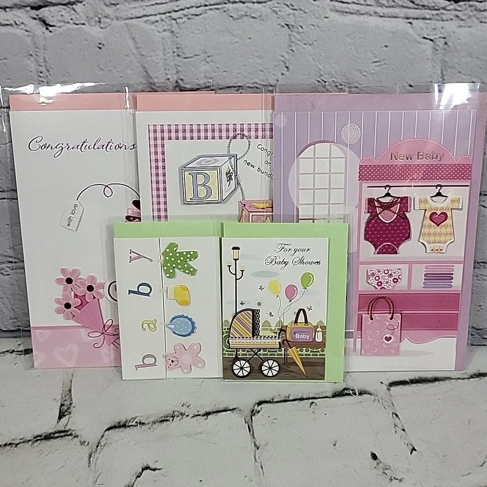 New Greeting Cards Lot Of 5 Baby Arrival Shower Congratulations 3D‎ Pink Green